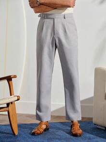 Men's Solid Color Pleated Straight Leg Loose Fit Dress Formal Pants, Classic High Waisted Light Grey Pants, Fall Winter, Ceremony - Grey - View 5