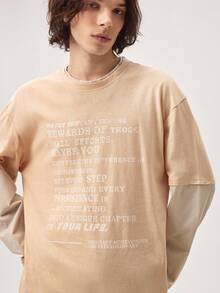 Men's Knit Casual Daily Young English Print Patchwork Loose Long Sleeve T-Shirt - Apricot - View 7