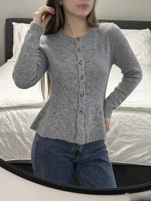 SHEIN PariChic Women's Solid Color Long Sleeve Single-Breasted Casual Knit Cardigan - Grey - View 3