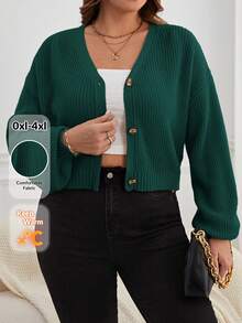 SHEIN Essnce Cardigan de manga larga con botones de color liso casual para tallas grandes en otoño/invierno - Verde Oscuro - Ver 6