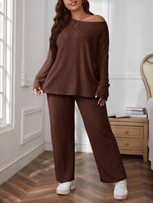 SHEIN Essnce Plus Size Solid Color Round Neck Drop Shoulder Long Sleeve Ribbed Loose 2 Pieces Set Fall - Rust Brown - View 4