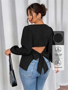Firerie Plus Size Women Casual Elegant Vacation Minimalist Versatile Daily Basic Bowknot Loose Fit Puff Sleeve Blouse, Spring/Autumn,Fall Clothes For Women - Black - View 8