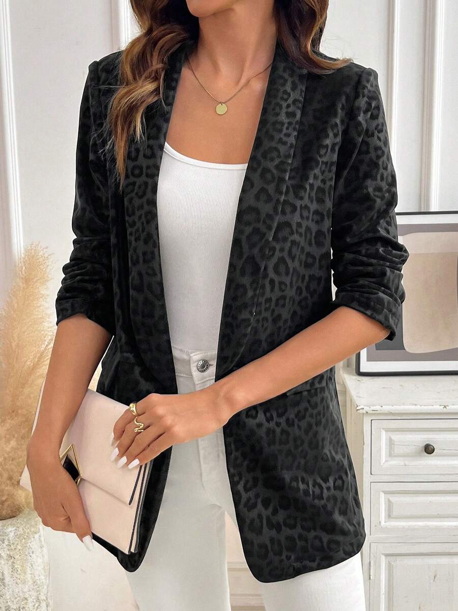 SHEIN Clasi 女款全印花休閒通勤旅行長袖西裝外套 - 卡其色 - 查看 1