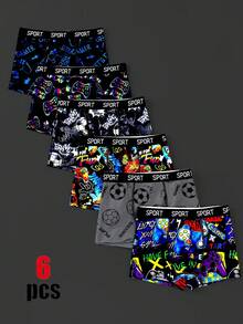 SHEIN 6件組買2送2兒童青少年男孩內褲套組，簡約舒適遊戲手把圖案塗鴉字母鬆緊腰平口內褲，4件組，黑色內褲、紅色內褲、藍色內褲，適合春夏秋冬 - 彩色 - 查看 2