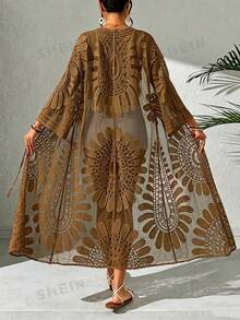 Swim Vcay Kimono de malla transparente con bordado de vacaciones en la playa - Café integral - Ver 2