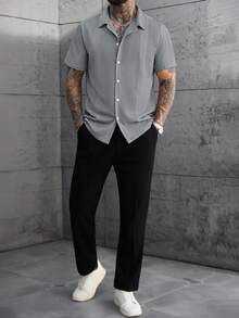 SLATEMANN Men's Plus Size Solid Color Knitted Textured Jacquard Short Sleeve Shirt - Grey - View 5