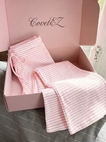 CovetEZ 女款休閒粉色夏季套裝，粉色條紋套裝，粉色條紋套裝，居家服，女款休閒服，夏季 - 粉色 - 查看 3