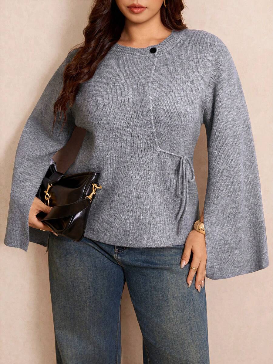 Elaquor Plus Size Fashion Button Tie-Up Slit Long Sleeve Sweater Formal Office Business Semi Grey Fall Casual Elegant