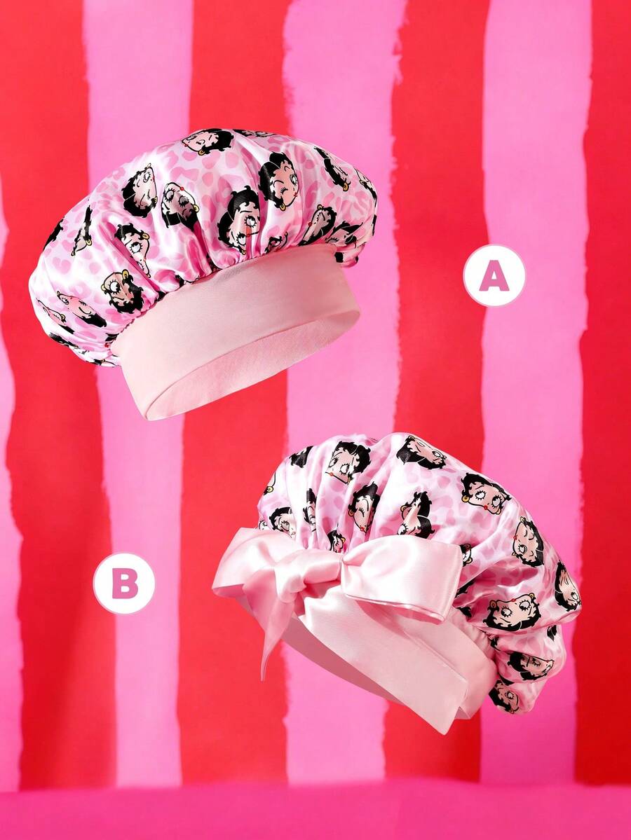 Betty Boop x SHEIN Upgraded Version Of Double-Layer Fabric, Hair Care Cap, Wide-Brimmed Elastic Satin Sleep Cap, Soft And Comfortable, Suitable For Daily Home Sleep Wear - Pink - View 1