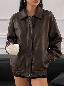 DAZY Women's Fashionable Versatile Casual Jacket, Autumn Leather Jacket School Cute Tops - Brown - View 3