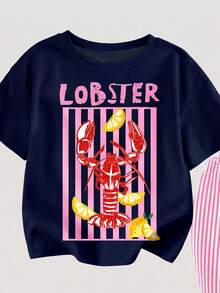 Mom And Me, Vintage Vacation Style Lobster Outfit, Seafood Theme, Navy Blue & Pink White Color Block, Lobster Design, Beach Fun Summer Dream, Young Girl Casual Minimalist Cartoon Pattern Round Neck Short Sleeve Top & Flare Pants 2PCS Set, Suitable For Summer - Multicolor - View 5