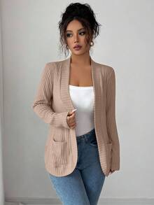 SHEIN PETITE 女款休閒羅紋刷毛開襟側口袋短版輕量夾克開襟衫，杏色秋季薄款針織開襟衫，適合任何場合，小碼女款 - 卡其色 - 查看 6