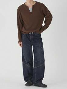 DAZY Spring/Autumn Long Sleeve Brown Waffle Knit 2 In 1 Grey Fabric Patchwork Men's T-Shirt - Brown - View 4