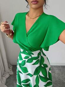 Elenzga Women's Elegant Burgundy Red Leaf Pattern Ruched Cap Sleeve Fitted Flared Dress, Spring/Summer - Green - View 6