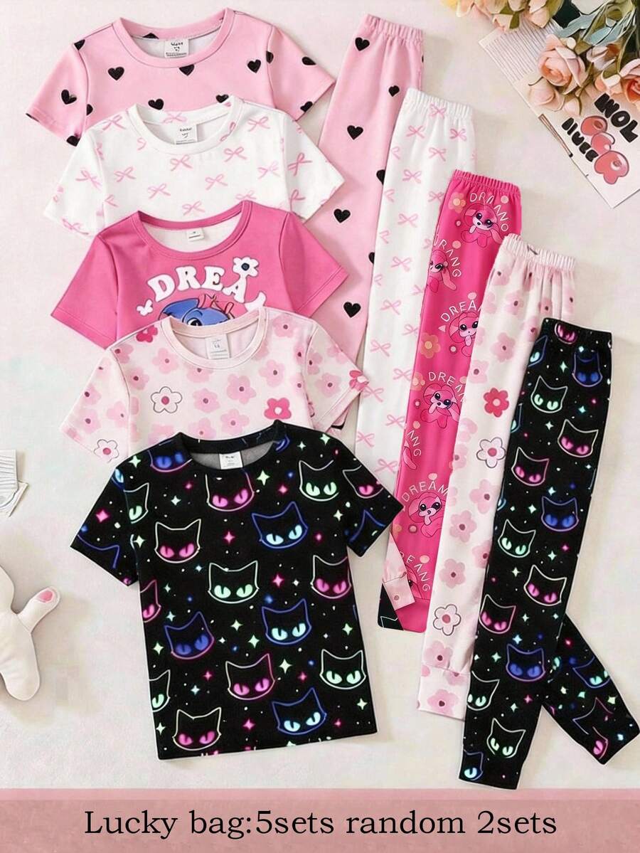 SHEIN Young Girl Casual Minimalist Snug Fit Comfortable Crew Neck Short Sleeve Long Pants Loungewear Set, Suitable For Spring/Summer, 4pcs - Multicolor - View 1