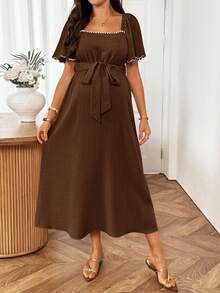 SHEIN Maternity Casual Vacation Belted Dress - Brown - View 5