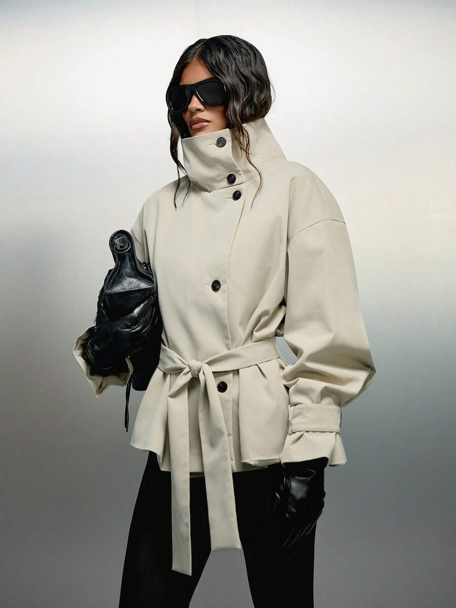 KIZN Oversized Belted Trench Jacket With Stand Collar Button Front Closure And Wide Cuffs Perfect For Autumn Winter Layering - Khaki - View 1