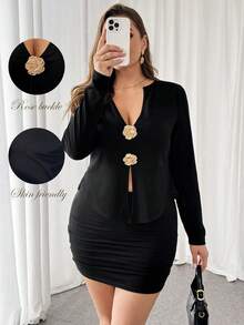 Firerie Plus Size Women's Black Autumn Elegant V-Neck Rose Metal Button Long-Sleeved T-Shirt,Formal Dinner Evening Christmas Party Masquerade Curve Y2K Tops - Black - View 1