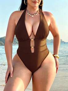 Swim SXY 大码女士纯色高衩露背性感连体泳衣 - 咖啡棕 - 查看 4