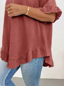 Shapeblank Blusa holgada de mujer talla grande con cuello redondo, mangas con volantes y botones, unicolor - Rosa vieja - Ver 7