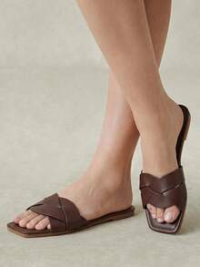 Styleloop Zapatillas de mujer retro de suela plana, punta cuadrada y abierta, sencillas, modernas y suaves, sandalias versátiles para uso diario y vacaciones - Café integral - Ver 3