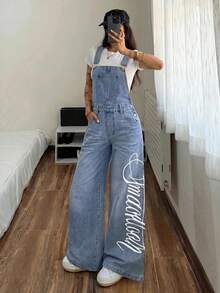 StreetHx Women's Letter Print Denim Overalls - Blue - View 3