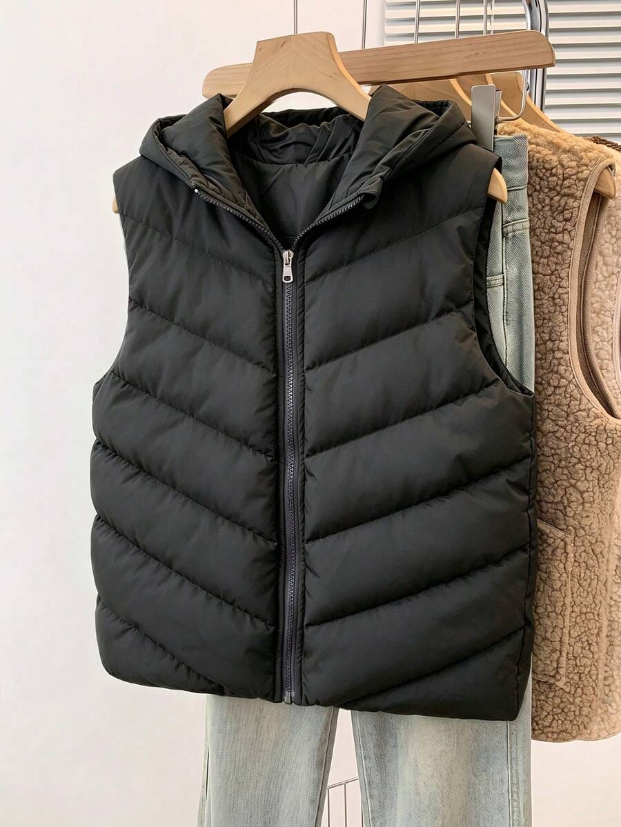 SHEIN 青少年女孩秋冬黑色休閒立領連帽無袖棉填充背心 - 黑色 - 查看 1