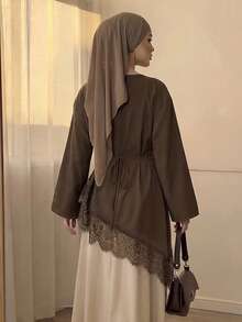 Celisse Women's Early Autumn New Loose Fit Asymmetrical Hem Lace Trim Long Sleeve Top - Brown - View 3
