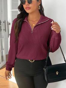 SHEIN Frenchy Kaos Kasual Kerah Resleting Warna Aprikot Lembut Ukuran Besar, Pakaian Musim Gugur untuk Wanita - Burgundy - View 5