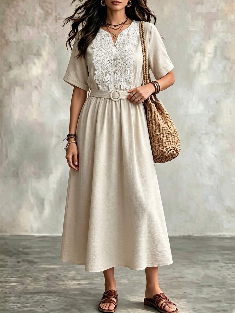Linhara CURVE Plus-Size Woven Casual Everyday Fall Pant Dress - Apricot - View 1