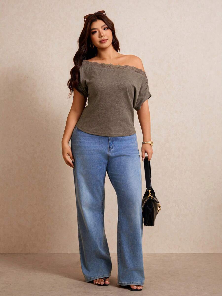 Elaquor Plus Size Summer Casual Lace Patchwork Asymmetric Collar T-Shirt - Camel - View 1