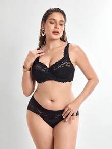 Slumbrini Plus Size Black Lace Underwire Comfortable Supportive Bra Plus Lingerie For Women Plus Size Bra Full Coverage Push Up Bra Push Up Bra Curve - Black - View 1