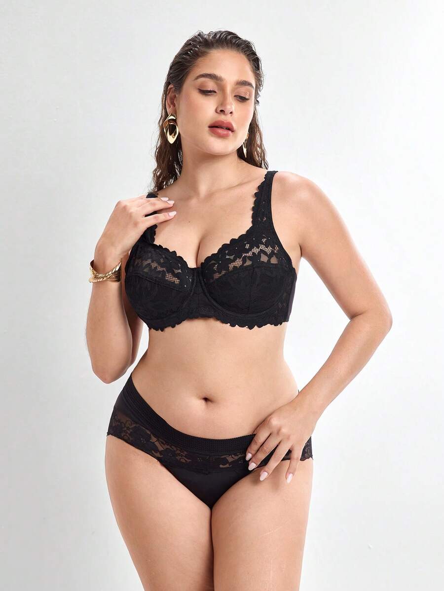 Slumbrini Plus Size Black Lace Underwire Comfortable Supportive Bra Plus Lingerie For Women Plus Size Bra Full Coverage Push Up Bra Push Up Bra Curve - Black - View 1