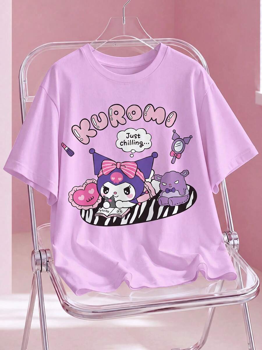 HELLO KITTY AND FRIENDS | SHEIN 女士彩色印花圆领短袖T恤 - 白色 - 查看 1