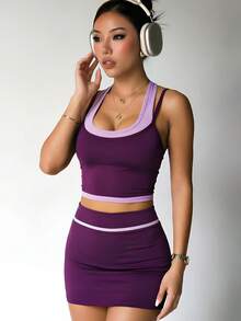 SHEIN Sports Brand Dewbera Spring/Summer Women's Sports Dress Set, Colorful Patchwork 2 In 1 Design 2-In-1 Style, Suitable For Casual Wear, Running, Fitness, Tennis, Golf And More Occasions - Yellow - View 3