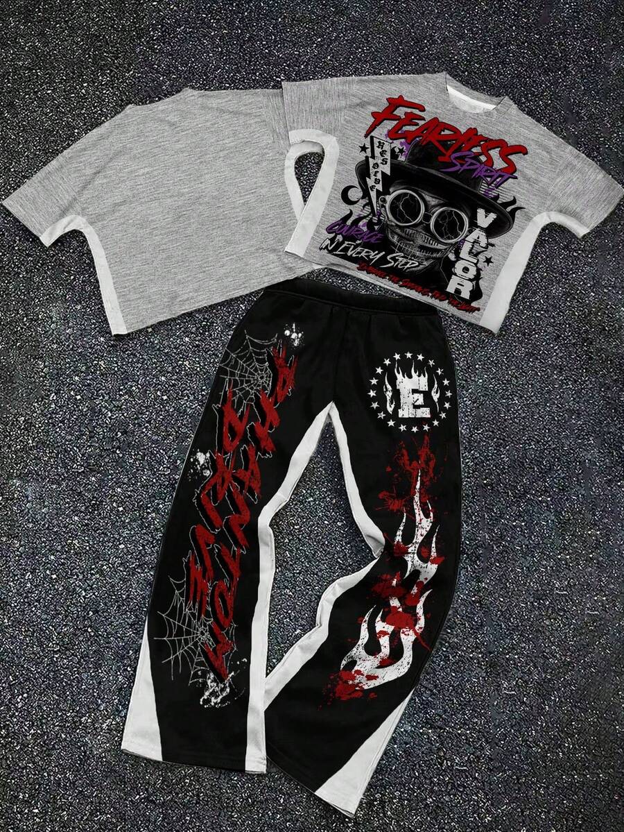 大童男孩休閒舒適時尚極簡圓領短袖喇叭褲 T-shirt 套裝,經典酷帥帥氣蒸汽龐克角色肖像印花配墨鏡,酷感文字圖案印花,適合秋冬 - 彩色 - 查看 1