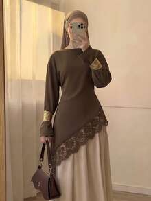 Celisse Women's Early Autumn New Loose Fit Asymmetrical Hem Lace Trim Long Sleeve Top - Brown - View 2