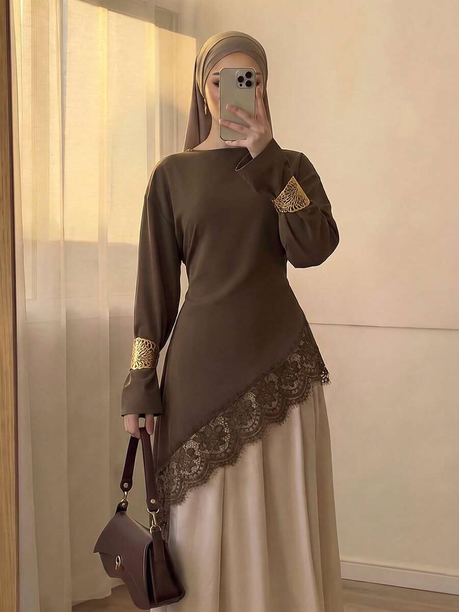 Celisse Women's Early Autumn New Loose Fit Asymmetrical Hem Lace Trim Long Sleeve Top