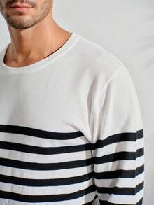 Men Striped Pattern Graphic Color Block Pullover Casual Long Sleeve Sweater, For Going Out, Friends, Fall Winter - Black and White - View 7