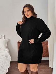 SHEIN Privé 大码女式舒适休闲日常高领阿兰针织宽松直筒毛衣连衣裙，白色，秋冬 - 黑色 - 查看 6