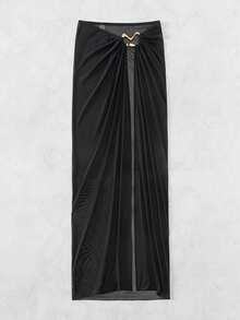 Swim SXY Women Ruched Wave Metal Embellished Solid Color Summer Skirt,Summer Beach - Black - View 5