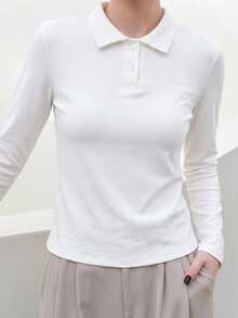 Dazy-Less 女款白色純色修身針織棉長袖鈕扣 Polo 領 T 恤 - 白色 - 查看 4
