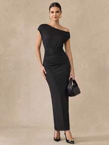 Almamuse Women's Slim Fit Oblique Shoulder Jacquard Weave Dress - Black - View 1