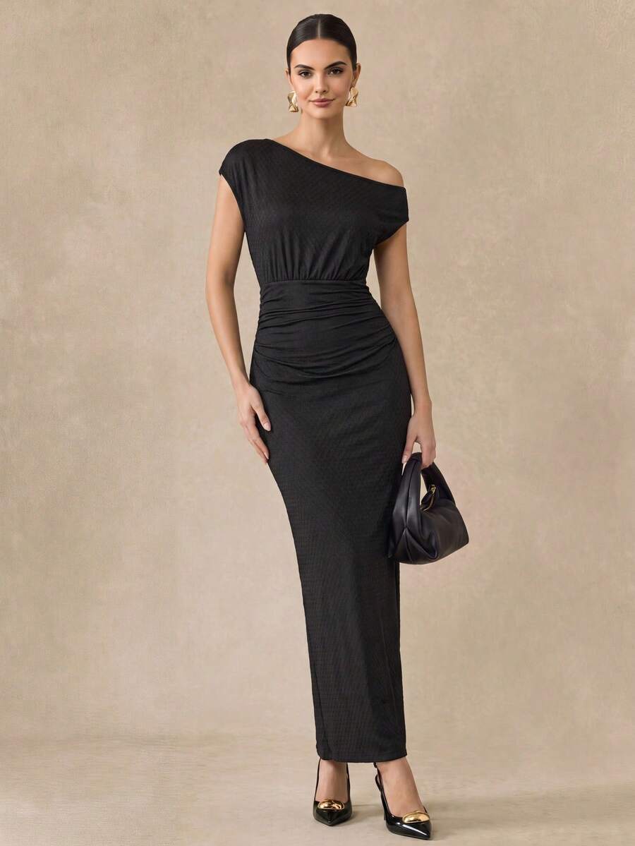 Almamuse Women's Slim Fit Oblique Shoulder Jacquard Weave Dress - Black - View 1