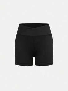 SHEIN 少女运动休闲纯色简约交叉腰带短裤，高弹四向弹力面料，适合骑行、跑步、训练 - 黑色 - 查看 8