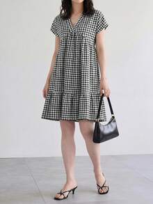 Yumoku 春夏休閒度假格紋短洋裝，適合學生/教師制服夏季穿搭，女款度假洋裝，休閒風 - 黑與白 - 查看 5