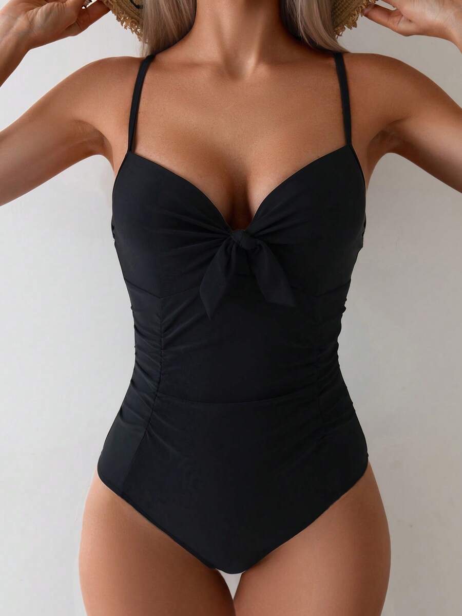 Swim Basics Summer Beach Women Vacation Solid Color Padded Ruched Front Knot One-Piece Swimsuit With Underwire Push Up - Black - View 1
