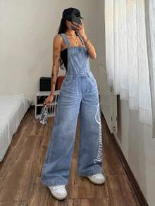 StreetHx Women's Letter Print Denim Overalls - Blue - View 5