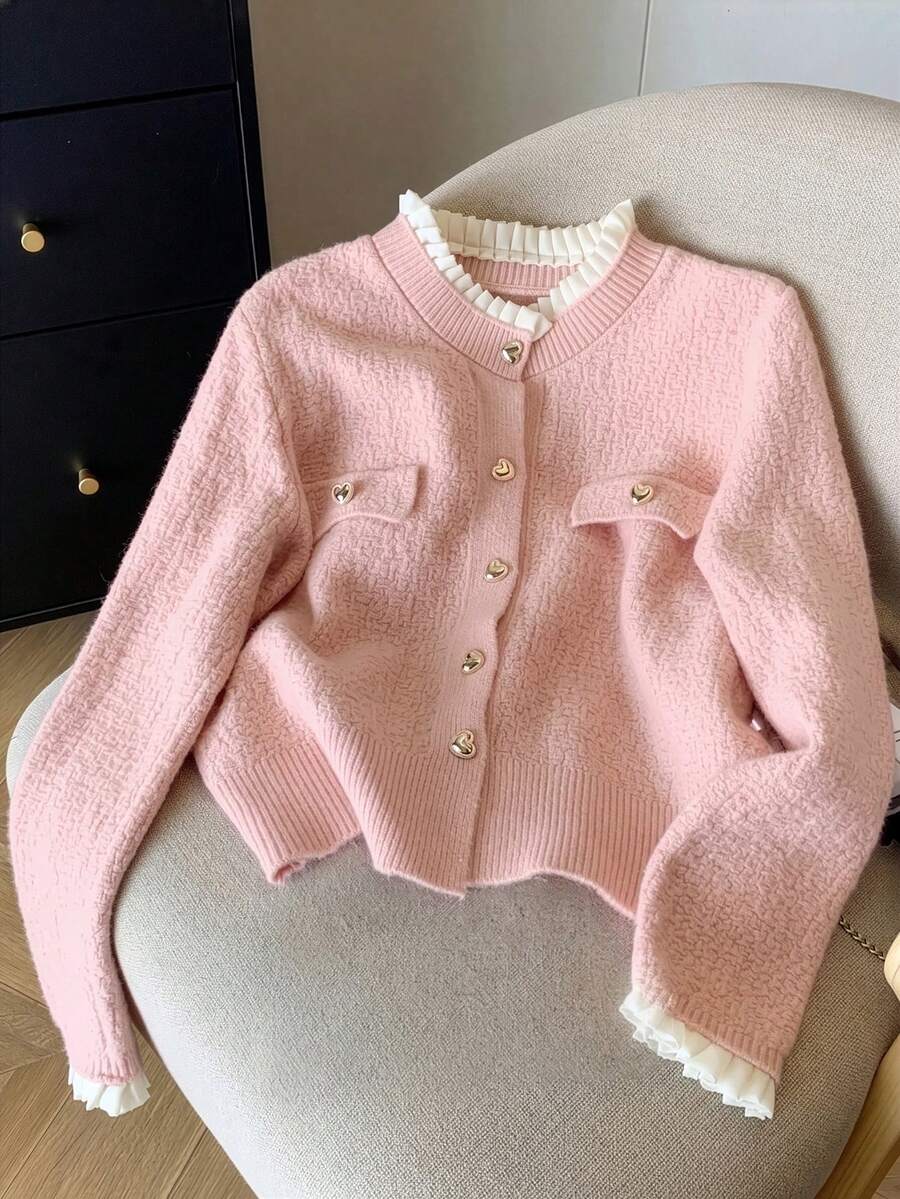 GlowEve CURVE Plus Size Elegant Commuter Pleated Ruffle Cardigan Winter - Pink - View 1
