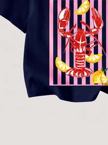Mom And Me, Vintage Vacation Style Lobster Outfit, Seafood Theme, Navy Blue & Pink White Color Block, Lobster Design, Beach Fun Summer Dream, Young Girl Casual Minimalist Cartoon Pattern Round Neck Short Sleeve Top & Flare Pants 2PCS Set, Suitable For Summer - Multicolor - View 7